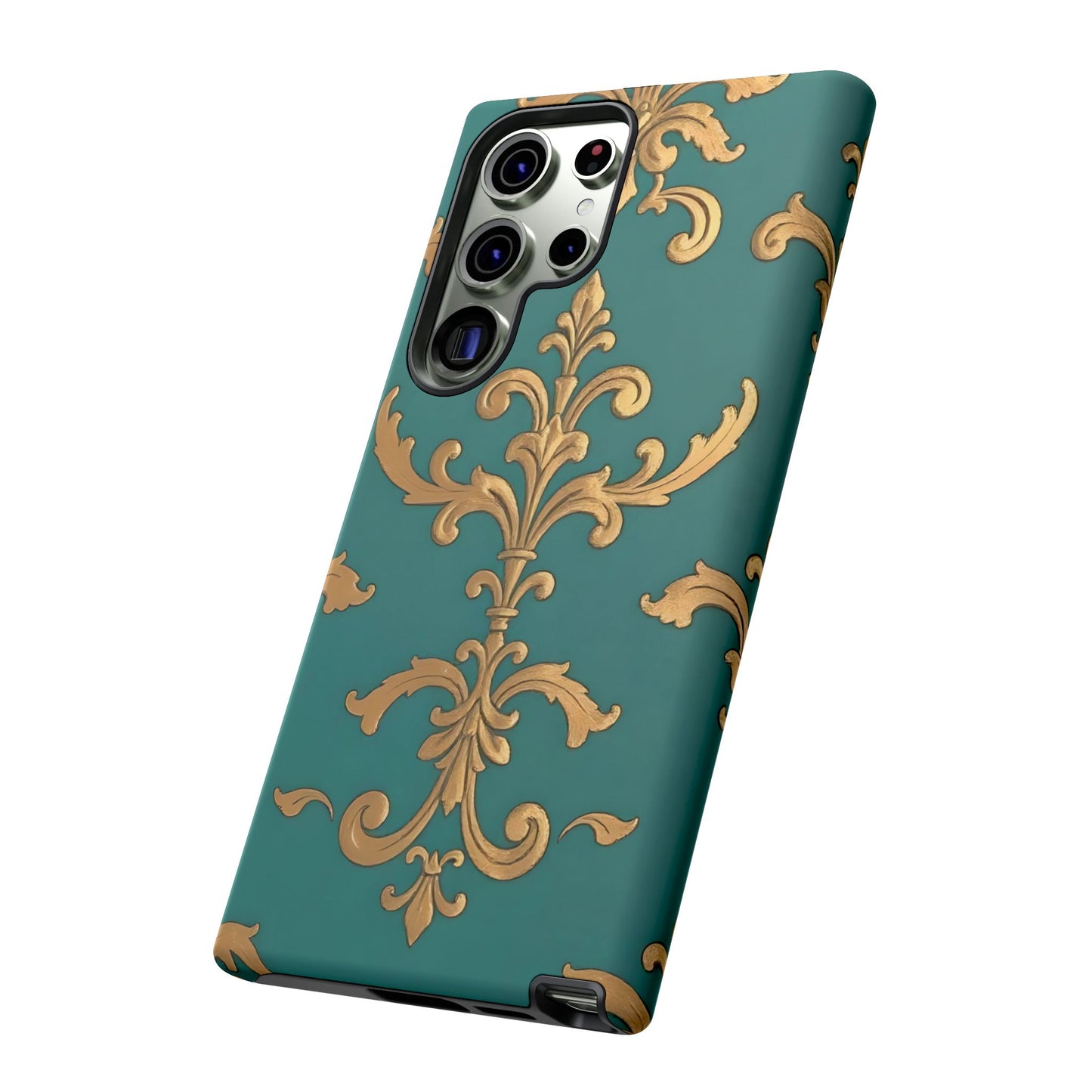Elegant Floral Motif Phone Case - Tough Cases with Vintage Design - Aqua & Gold Damask