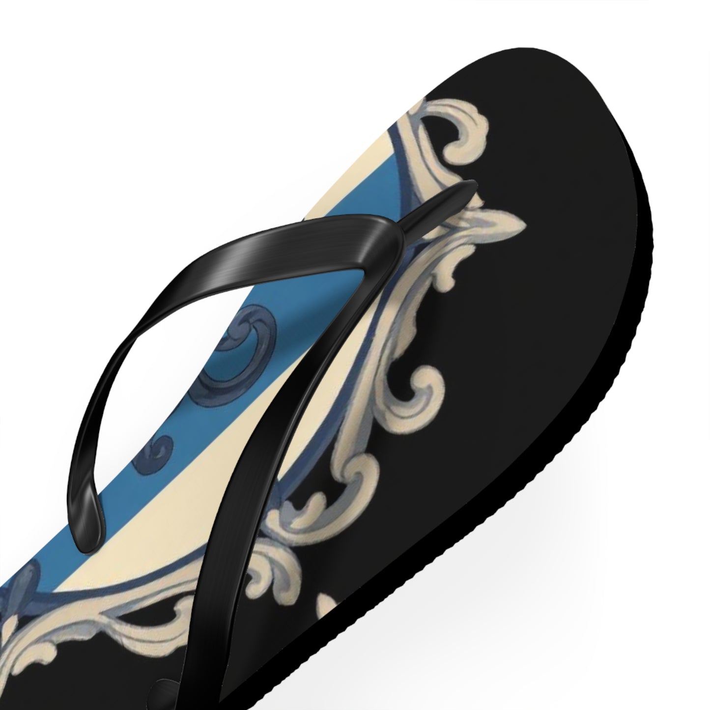 Stylish Blue & Alabaster Striped Baroque Beach Flip Flops, Summer Footwear, Vacation Sandals, Casual Footwear, Pool Party Essentials