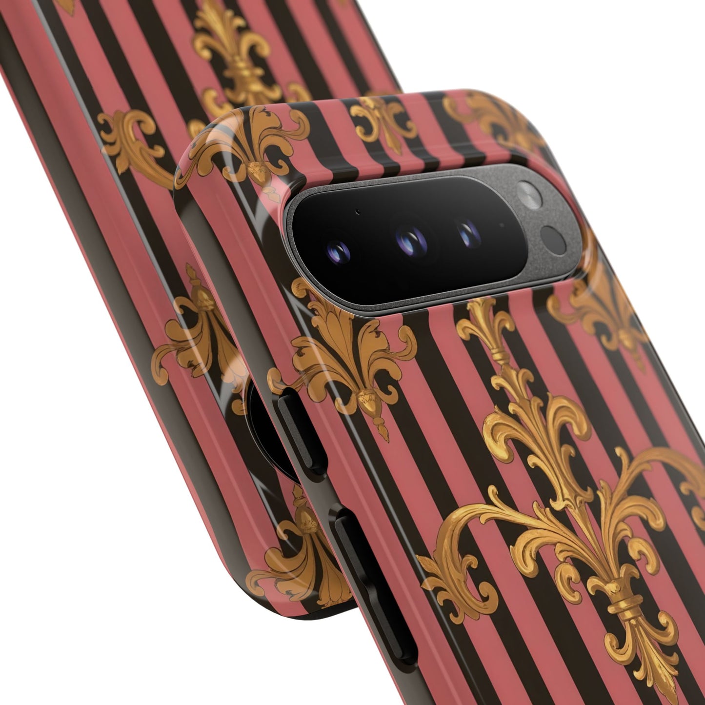 Elegant Floral Motif Phone Case - Tough Cases with Vintage Design - Mauve Striped Gold Damask