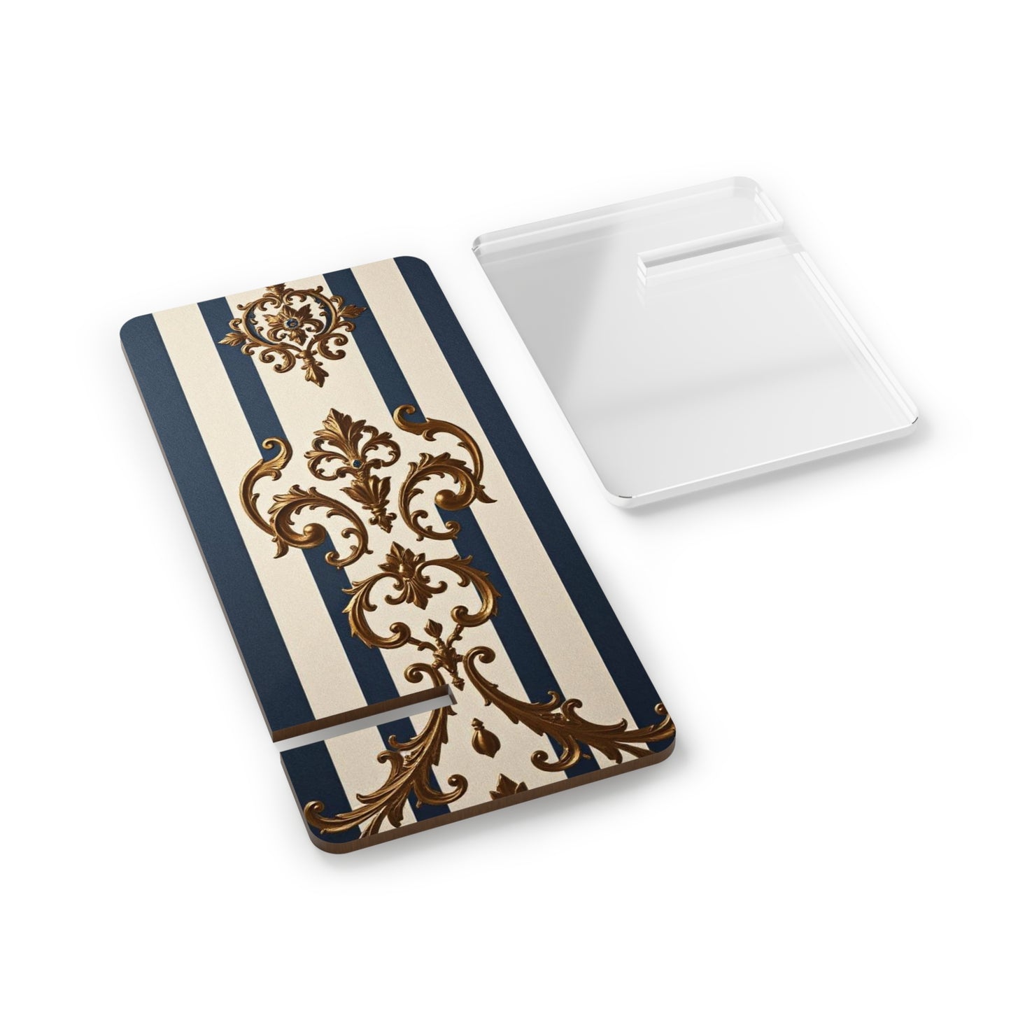 Elegant Floral Motif Smartphone Display Stand - Alabaster & Blue Striped Gold Damask - Decorative Mobile Holder