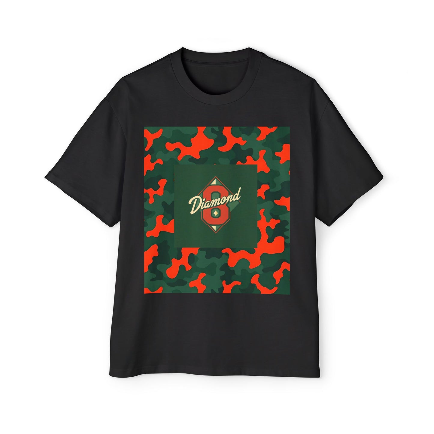 Men's Heavy Oversized Camouflage Tee, Casual Streetwear Shirt, Graphic T-Shirt, Comfortable Everyday Wear, Gift for Him - Green & Orange Camo Diamond 8