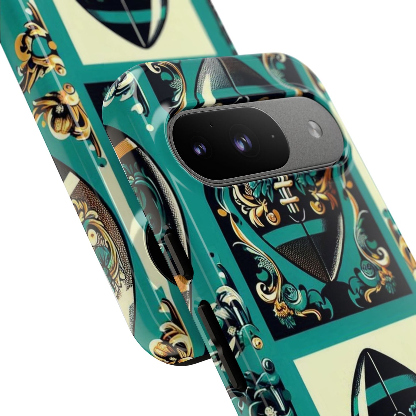Elegant Floral Motif Phone Case - Tough Cases with Vintage Design -  Damask Teal, Gold & Black Footballs