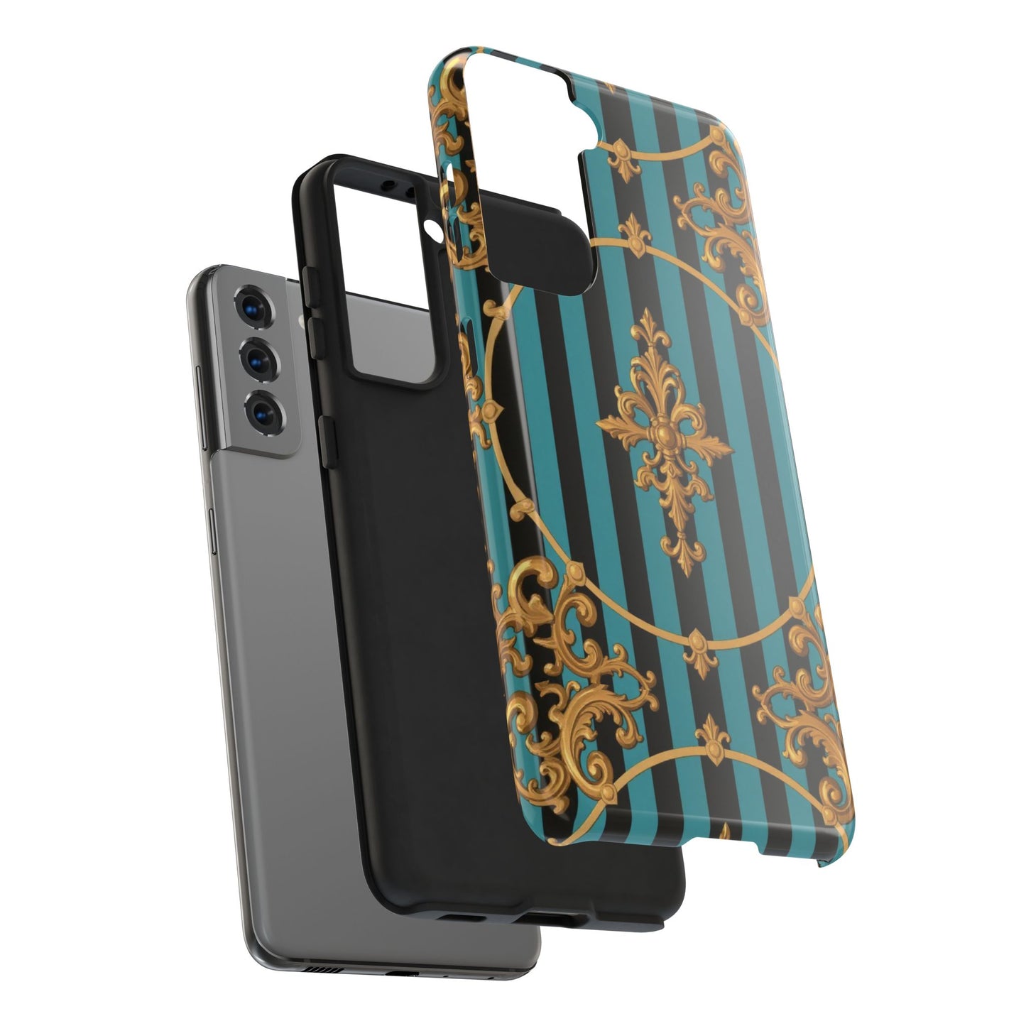 Elegant Turquoise & Black Striped Gold Baroque Phone Case, Tough Phone Cases for Fashion Lovers, Gift for Her, Luxury Accessories