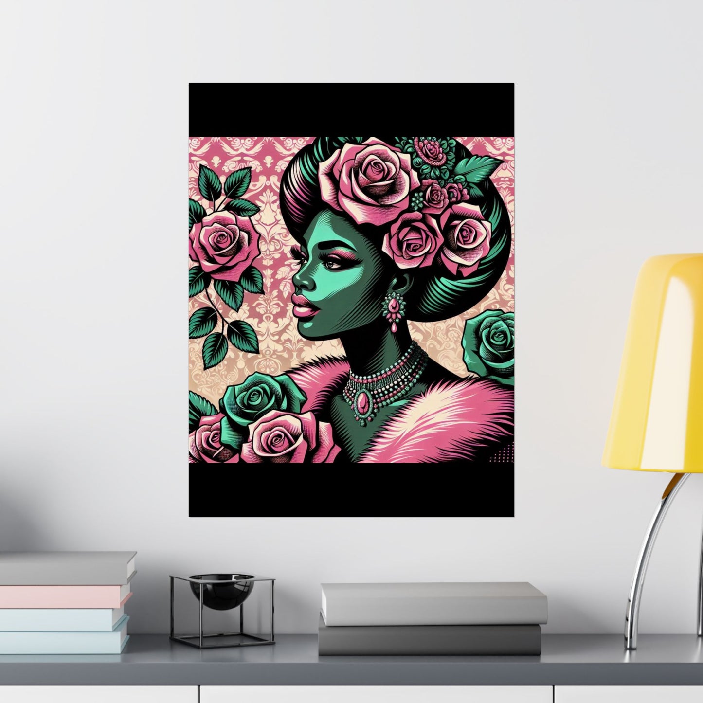 Floral Afro Art Poster - Elegant Matte Vertical Wall Decor - Emerald Green Lady With Damask & Roses