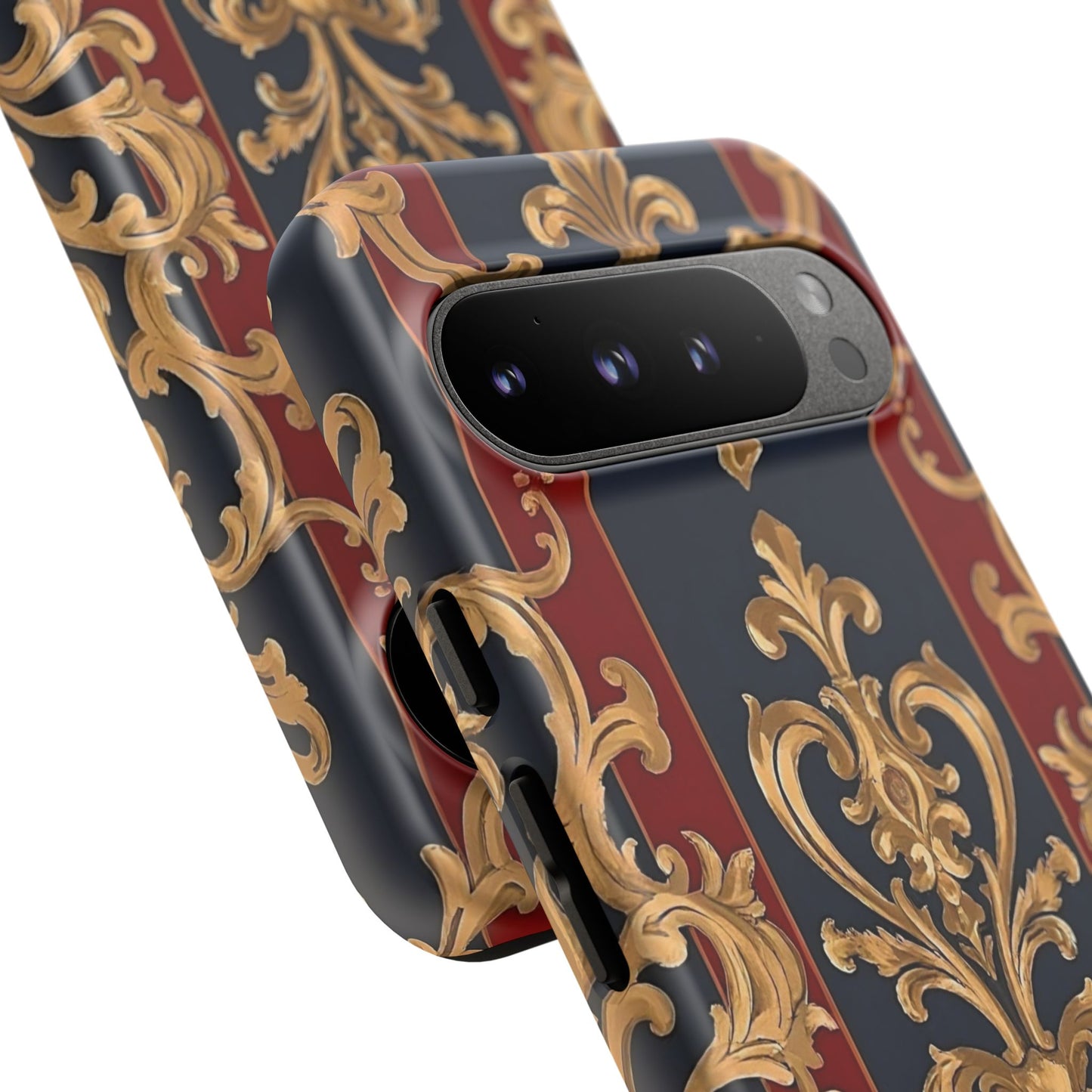 Elegant Floral Motif Phone Case - Tough Cases with Vintage Design - Midnight Blue & Dusk Red Striped Gold Damask