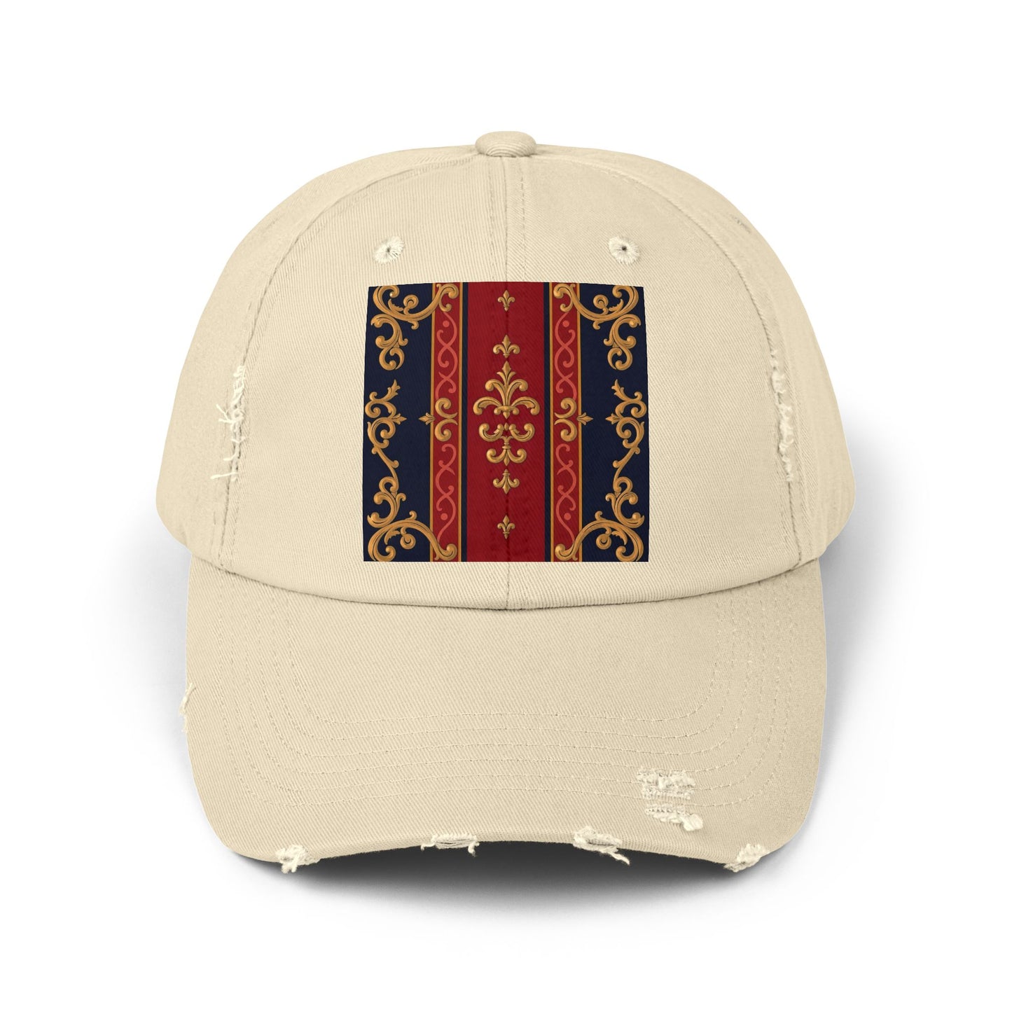 Vintage-Inspired Distressed Cap, Stylish Hat, Perfect Gift for Friends, Fashion Accessory, Unisex Headwear - Midnight Blue & Dusk Red Gold Baroque