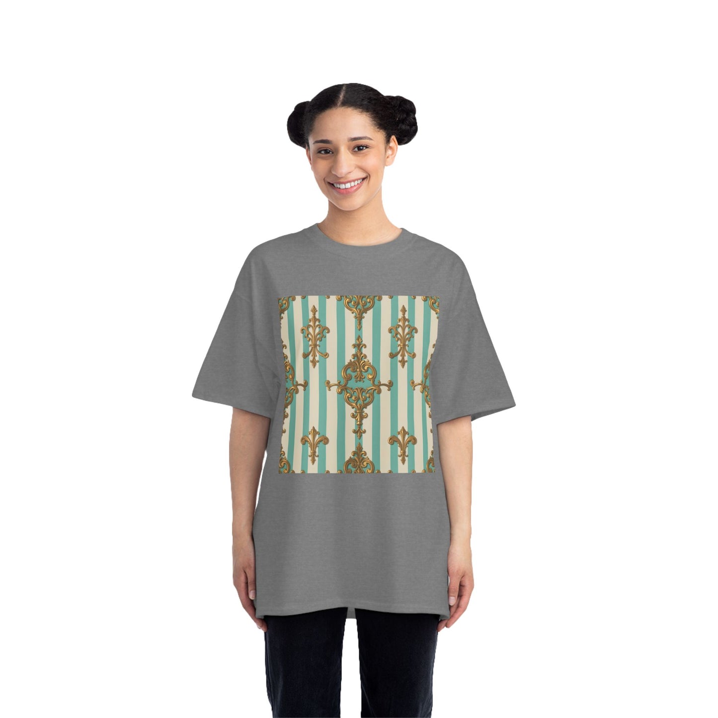 Elegant Patterned Short-Sleeve T-Shirt, Fashion Tee, Casual Wear, Gift for Her, Summer Style, Unique Design - Matte Green Striped Rococo
