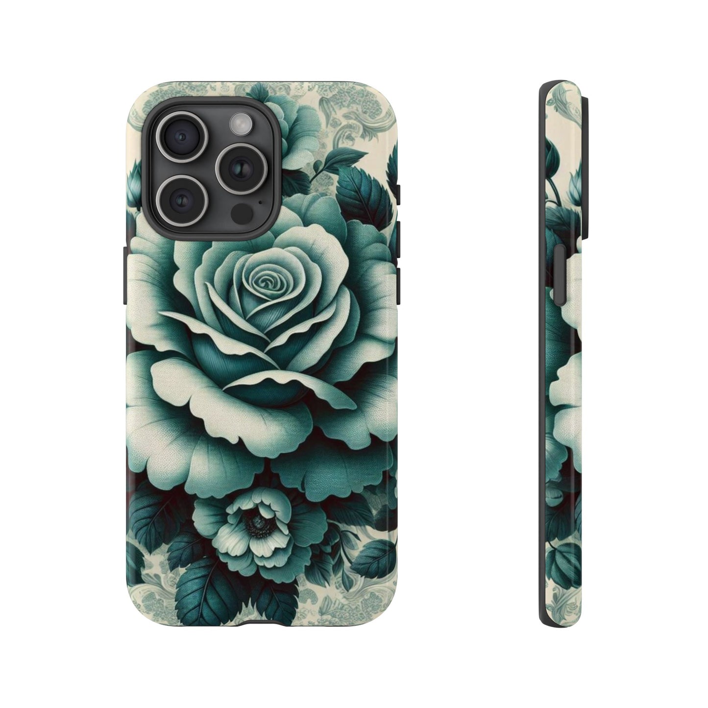 Elegant Floral Motif Phone Case - Tough Cases with Vintage Design - Teal Roses & Damask