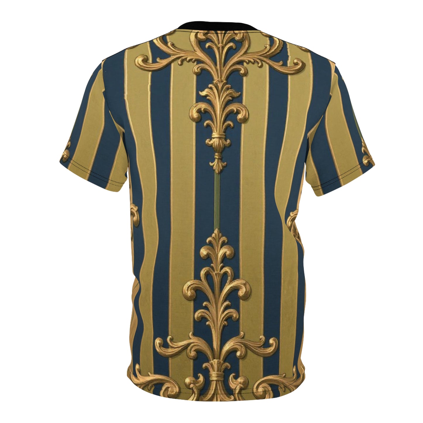 Elegant Midnight Blue & Olive Striped Gold Baroque Unisex Tee, Trendy Fashion Top, Artistic Casual Shirt, Unique Graphic Tee, Gift for Art Lovers