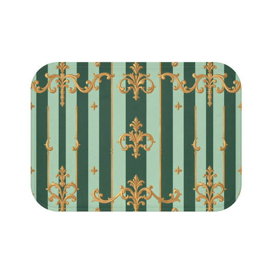 Vintage Elegance Bath Mat, Floral Patterned Bath Mat, Stylish Bathroom Decor, Luxurious Bath Accessories - Mint Green & Teal Striped Gold Baroque