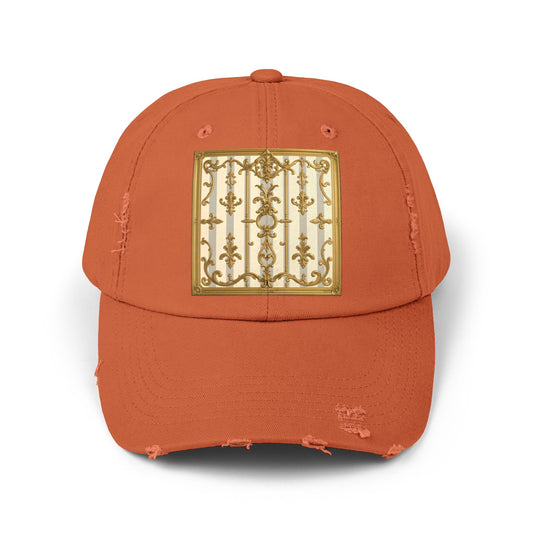 Vintage-Inspired Distressed Cap, Trendy Accessories for Casual Outfits, Gift for Him/Her - Matte Gray & Cream Striped Gold Baroque