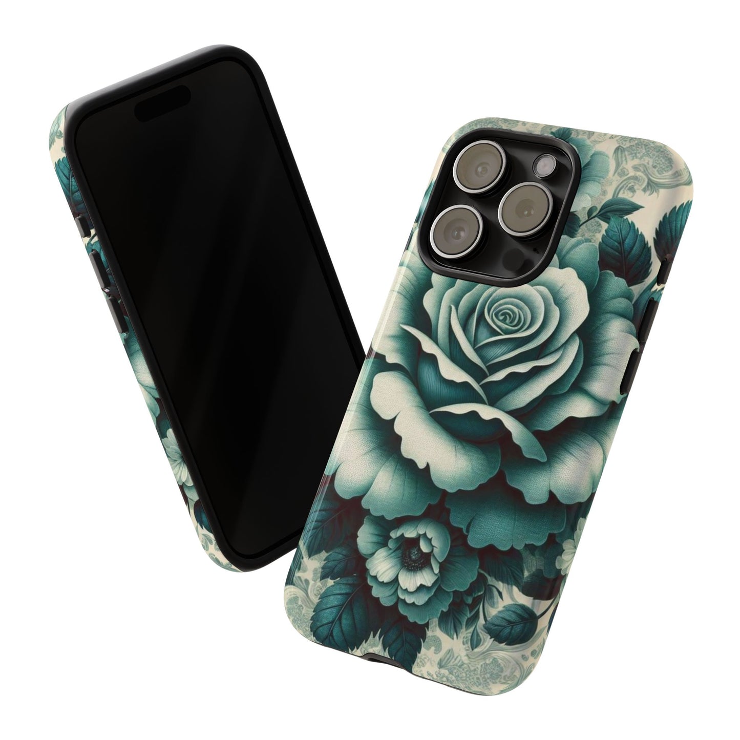 Elegant Floral Motif Phone Case - Tough Cases with Vintage Design - Teal Roses & Damask