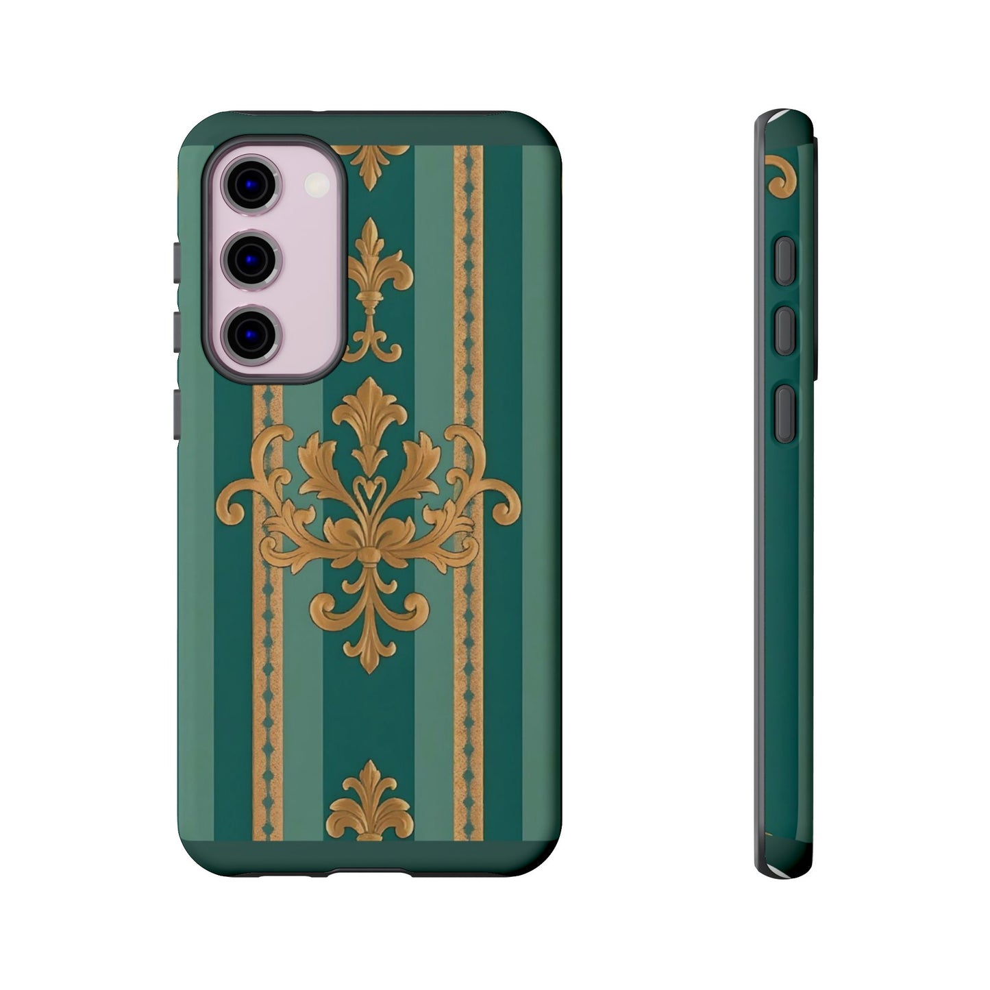 Elegant Floral Motif Phone Case - Tough Cases with Vintage Design - Teal Striped Gold Damask
