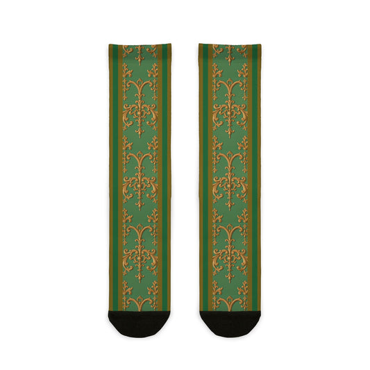Vintage Floral Crew Socks | Stylish Footwear for Everyday Wear, Gifts for Her, Unique Accessories - Olive Green Striped Rococo