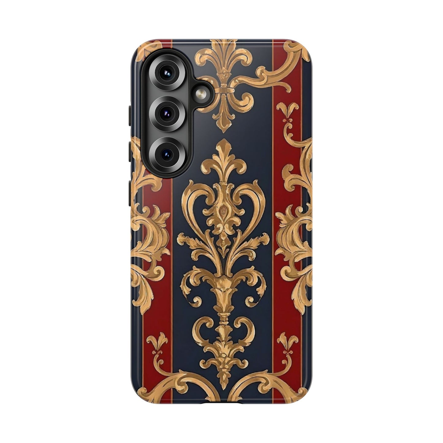Elegant Floral Motif Phone Case - Tough Cases with Vintage Design - Midnight Blue & Dusk Red Striped Gold Damask