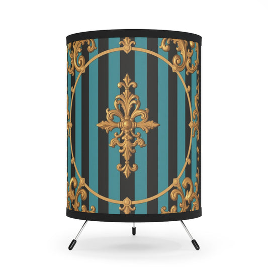 Elegant Turquoise & Black Striped Gold Baroque Tripod Lamp with Vintage Elegant Design Shade - Home Decor, Lighting, Living Room Accent