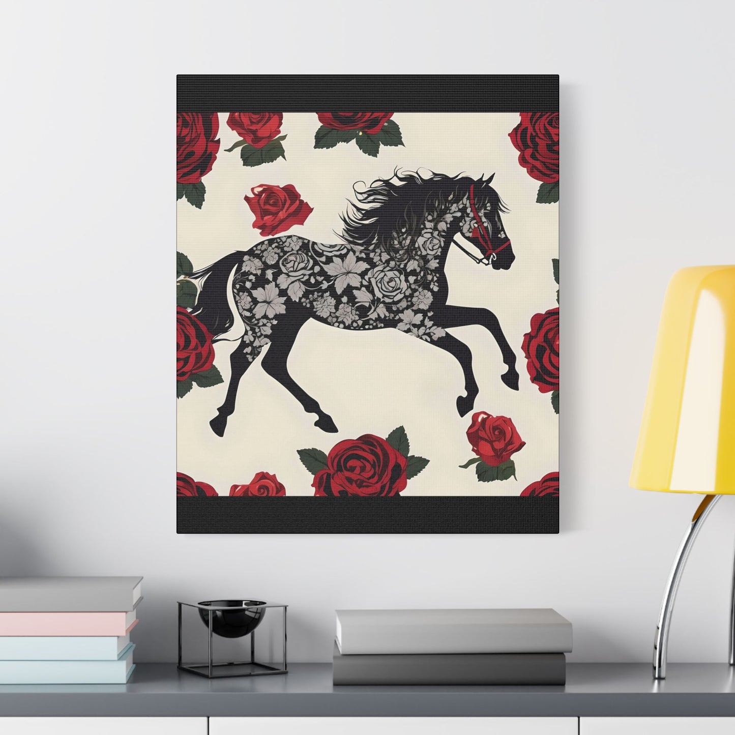 Art Print Canvas, Wall Decor, Satin Stretched Canvas, Equestrian Art, Office Decor, Home Decor - Horse & Roses