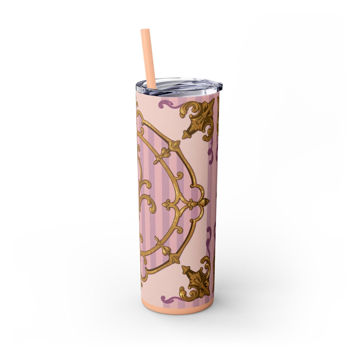 Elegant Lavender & Alabaster Striped Gold Baroque Tumbler - Insulated 20oz Skinny Cup with Straw, Ideal for Gifts, Parties, and Daily Use