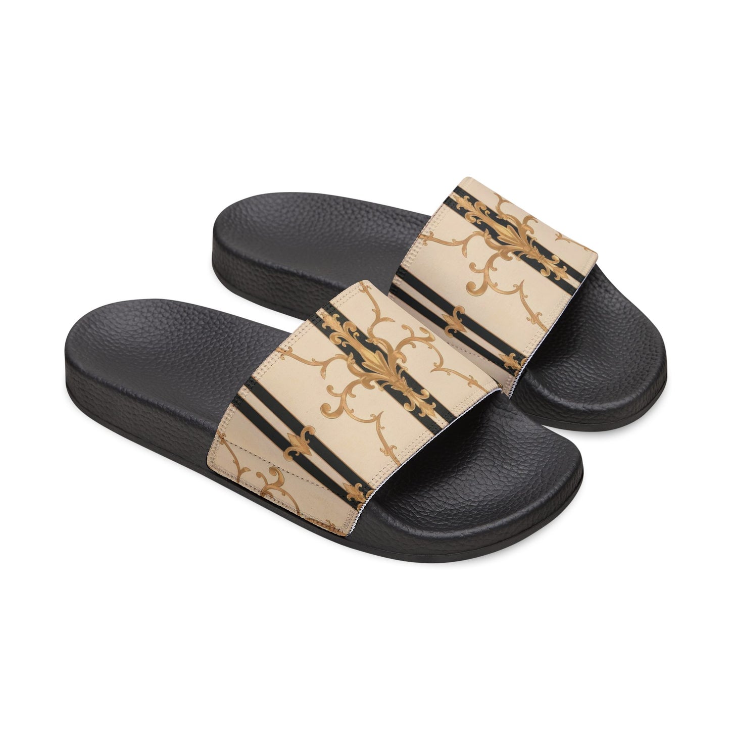 Chic Women's Sandals, Stylish Slip-On Footwear, Summer Essentials, Vacation Shoes, Trendy Outdoor Slides - Black & Beige Striped Damask