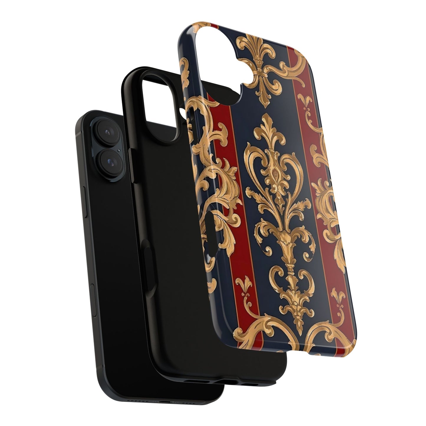 Elegant Floral Motif Phone Case - Tough Cases with Vintage Design - Midnight Blue & Dusk Red Striped Gold Damask