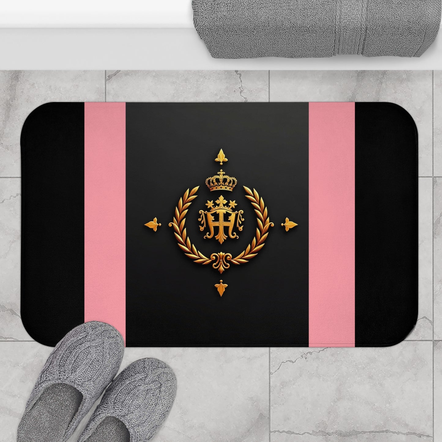 Chic Striped Bath Mat - Stylish Bathroom Decor, Luxury Bath Accessory, Trendy Home Style, Gift for Her, Self-Care Essentials - Pink Striped Gold Crest