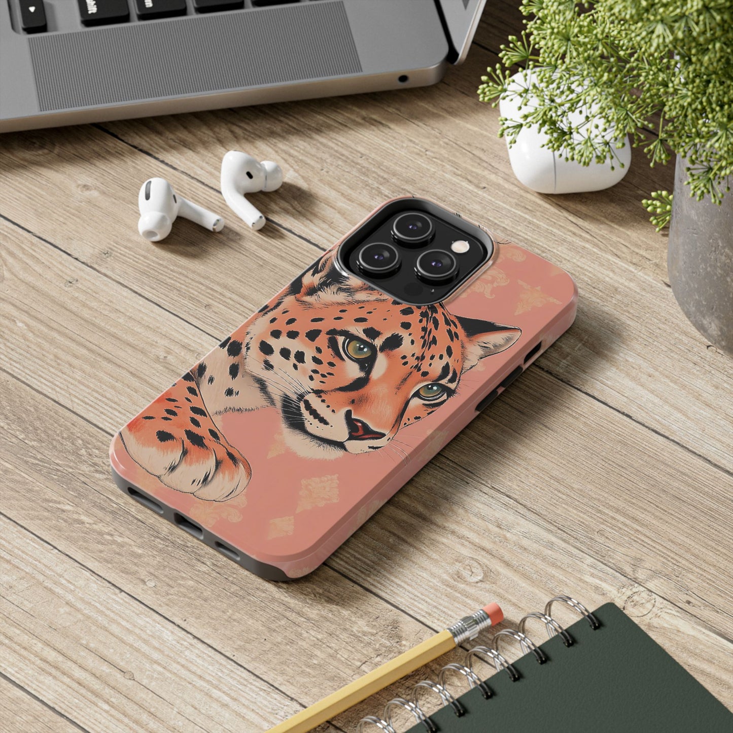 Leopard Tough Phone Case - Trendy Floral Motif Design for Animal Lovers - Peach Leopard & Damask