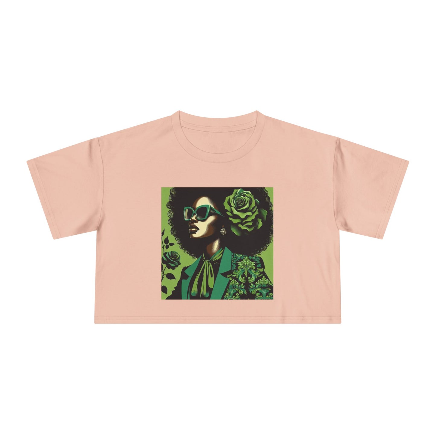 Stylish Women's Crop Tee with Damask Design | Trendy Summer Top, Afro Crop Shirt, Casual Wear, Gift for Her - Lady in Green Damask