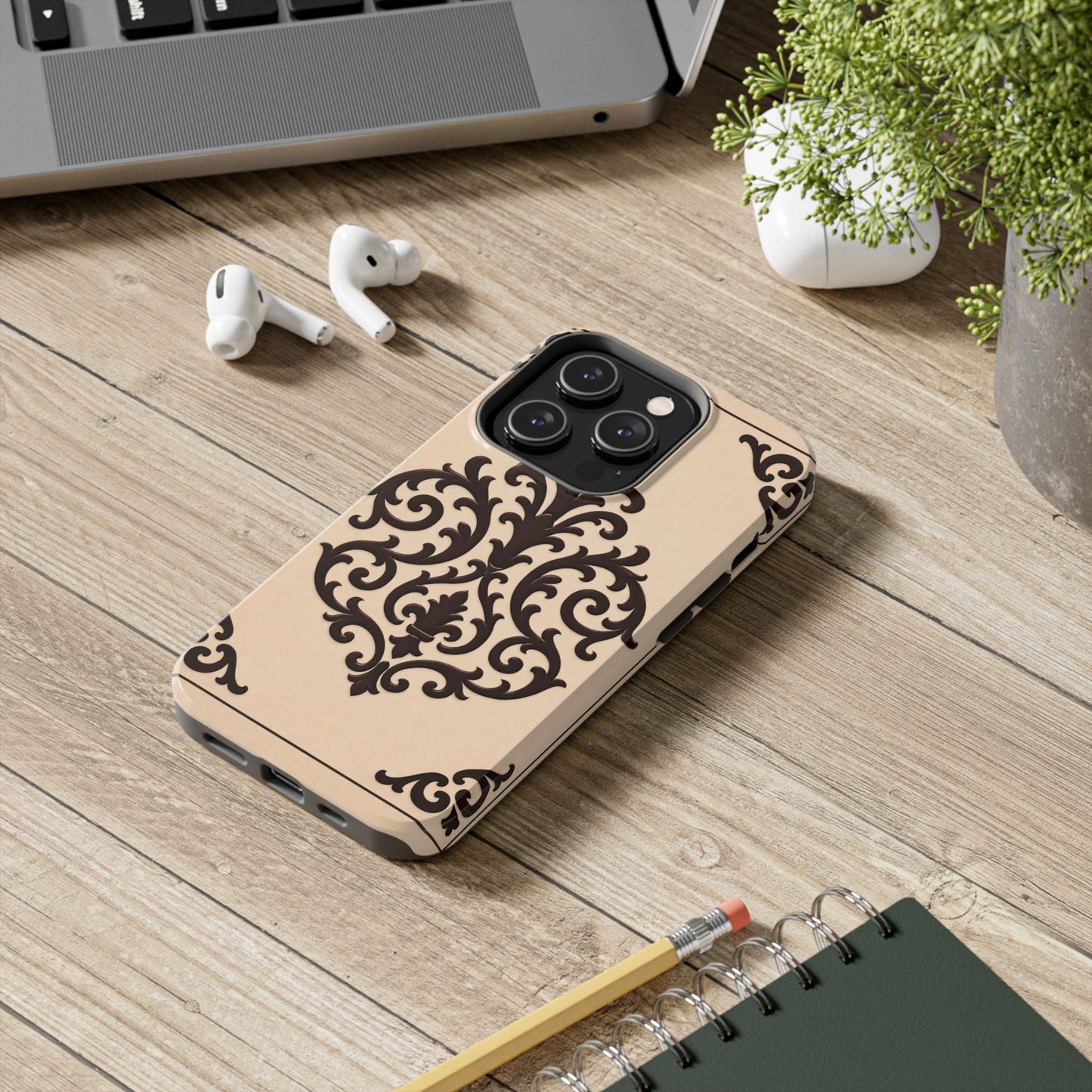 Almond-Beige & Brown Baroque Tough Phone Case — Elegant Beige & Brown Protective Cover