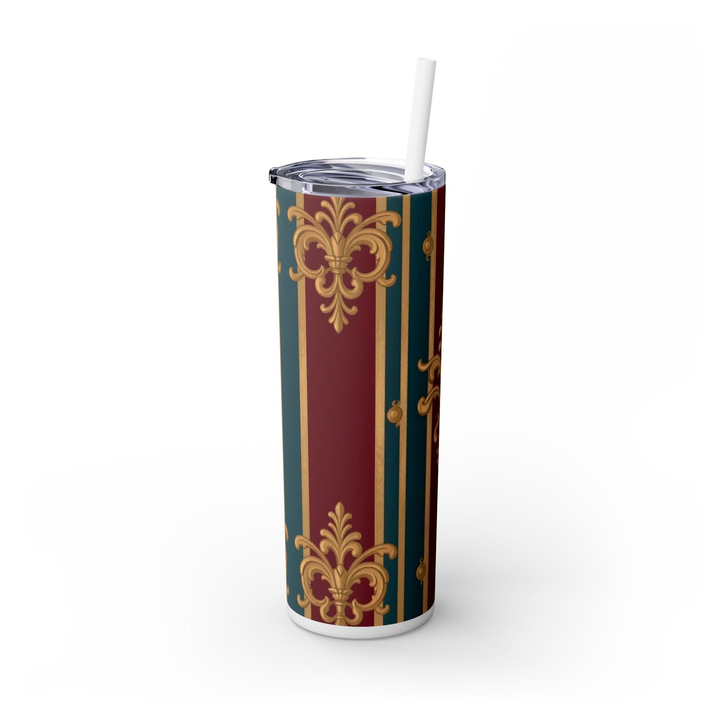 Elegant Vintage Skinny Tumbler with Straw, 20oz | Gold & Burgundy Design | Travel Mug, Gift for Her - Burgundy Striped Gold Baroque