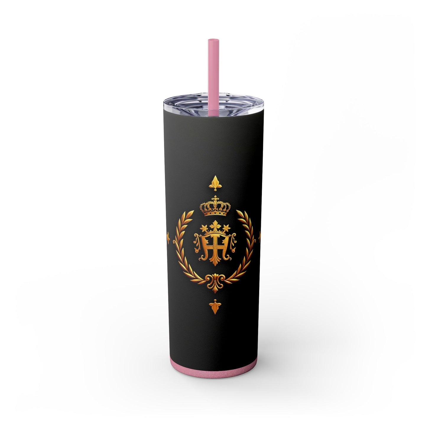 Elegant Royal Themed Skinny Tumbler, Chic Drinkware for Parties, Daily Hydration, Gifts for Her, Travel Mug, Reusable Straw - Pink Striped Gold Crest