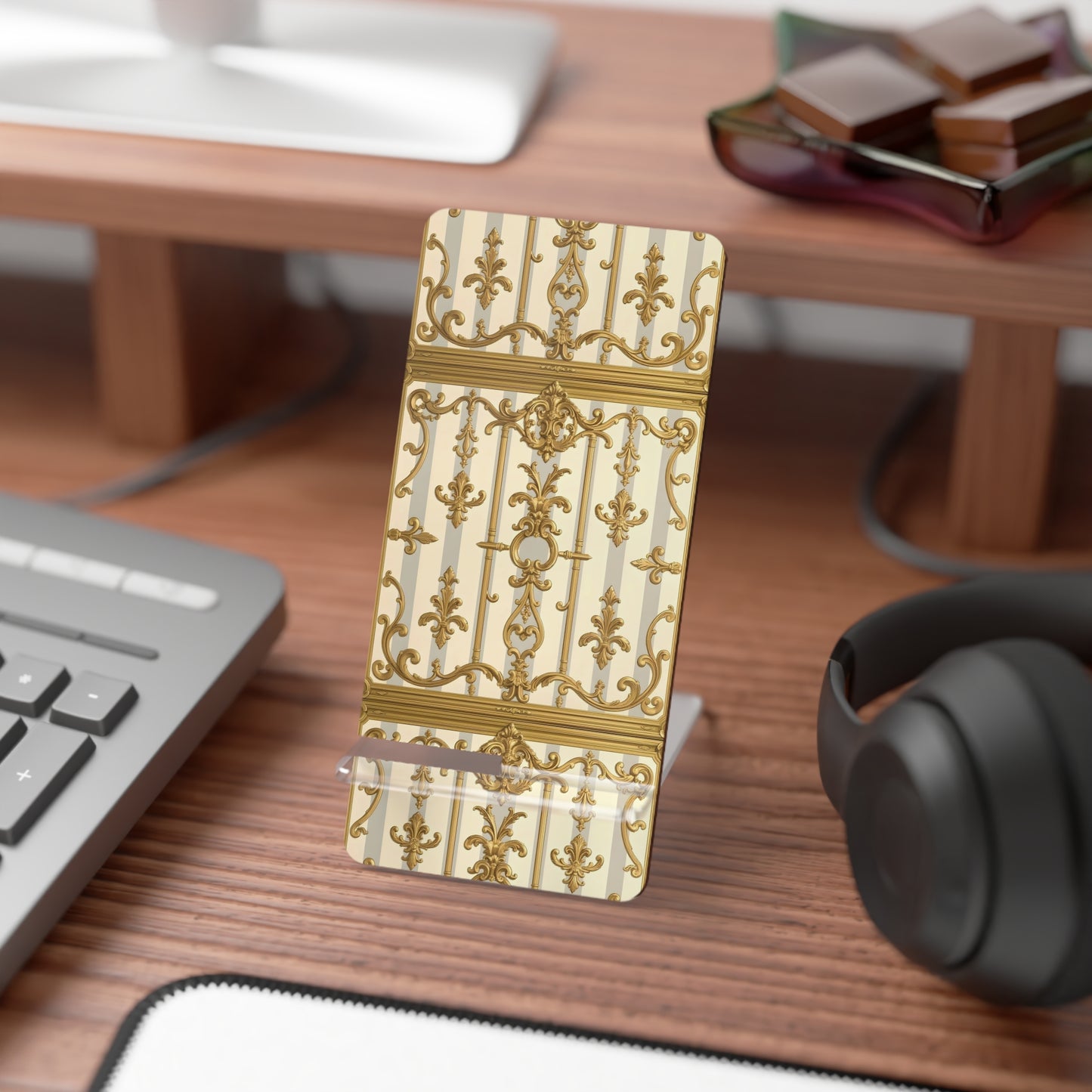 Elegant Smartphone Display Stand, Decorative Phone Holder, Stylish Desk Organizer - Matte Gray & Cream Striped Gold Baroque