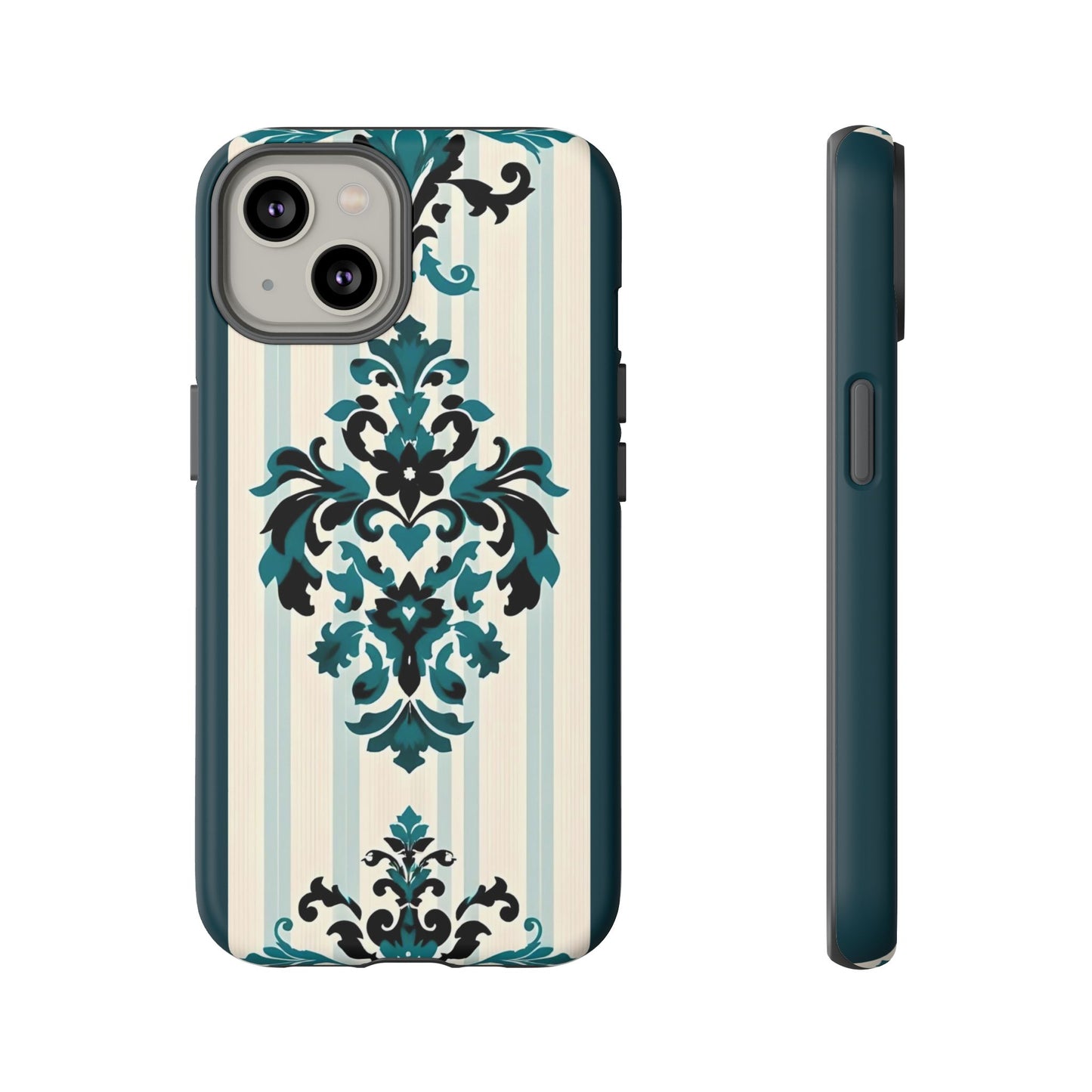 Elegant Floral Phone Case - Tough Cases with Vintage Design - Teal Striped Damask