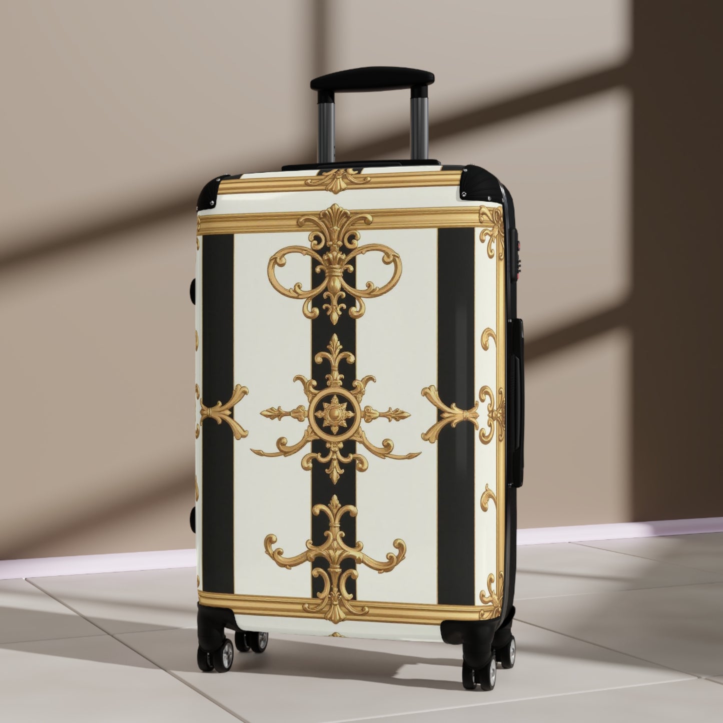 Elegant Black and Gold Travel Suitcase, Luxurious Luggage for Fashionable Travelers, Stylish Carry-On - Black & White Striped Gold Baroque