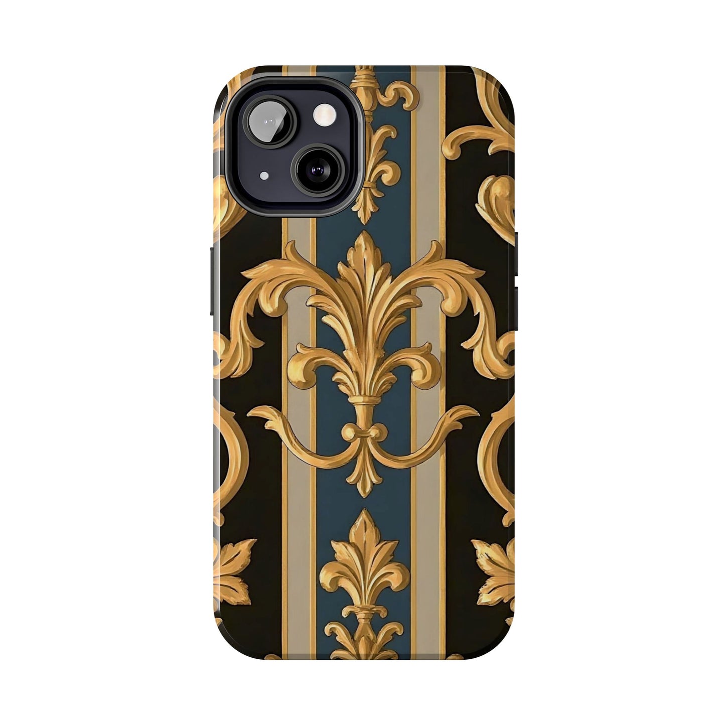 Elegant Rococo Phone Cases, Tough iPhone Case, Floral Design Case, Luxury Phone Cover - Blue & Black Striped Rococo