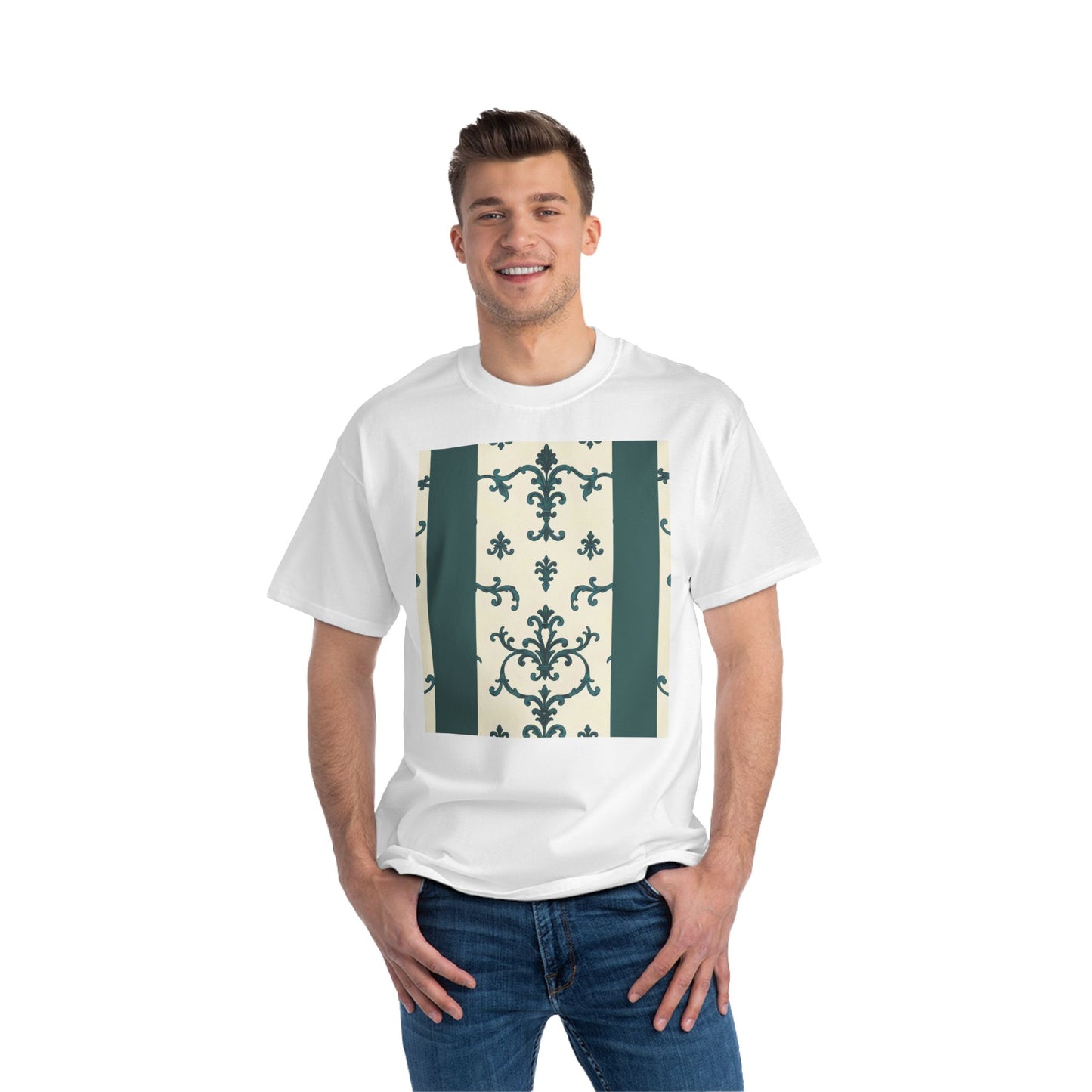 Vintage-Inspired Short-Sleeve T-Shirt, Casual Wear, Graphic Tee, Summer Outfit, Gift for Friends, Retro Design - Teal Striped Rococo