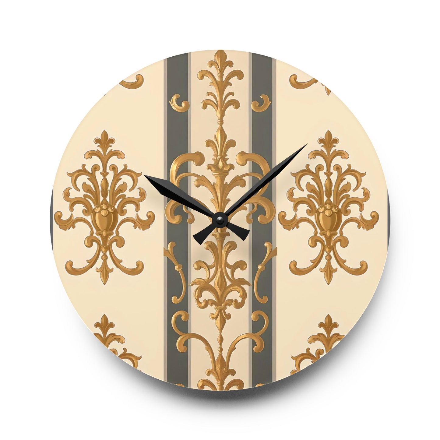 Bohemian Damask-Inspired Acrylic Wall Clock with Floral Design - Dusk Olive Striped Gold Damask