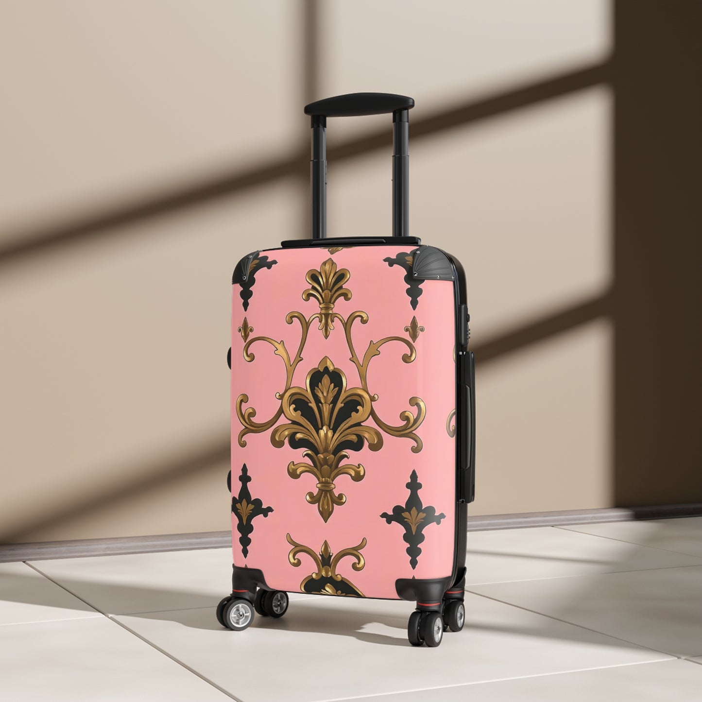 Elegant Pink Floral Suitcase, Travel Luggage, Stylish Carry-On Bag, Personalized Gift for Travelers - Pink, Black & Gold Rococo