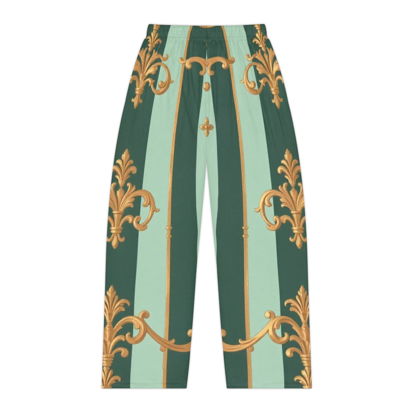 Elegant Women's Pajama Pants, Luxurious Sleepwear, Cozy Loungewear, Unique Gift for Her - Mint Green & Teal Striped Gold Baroque