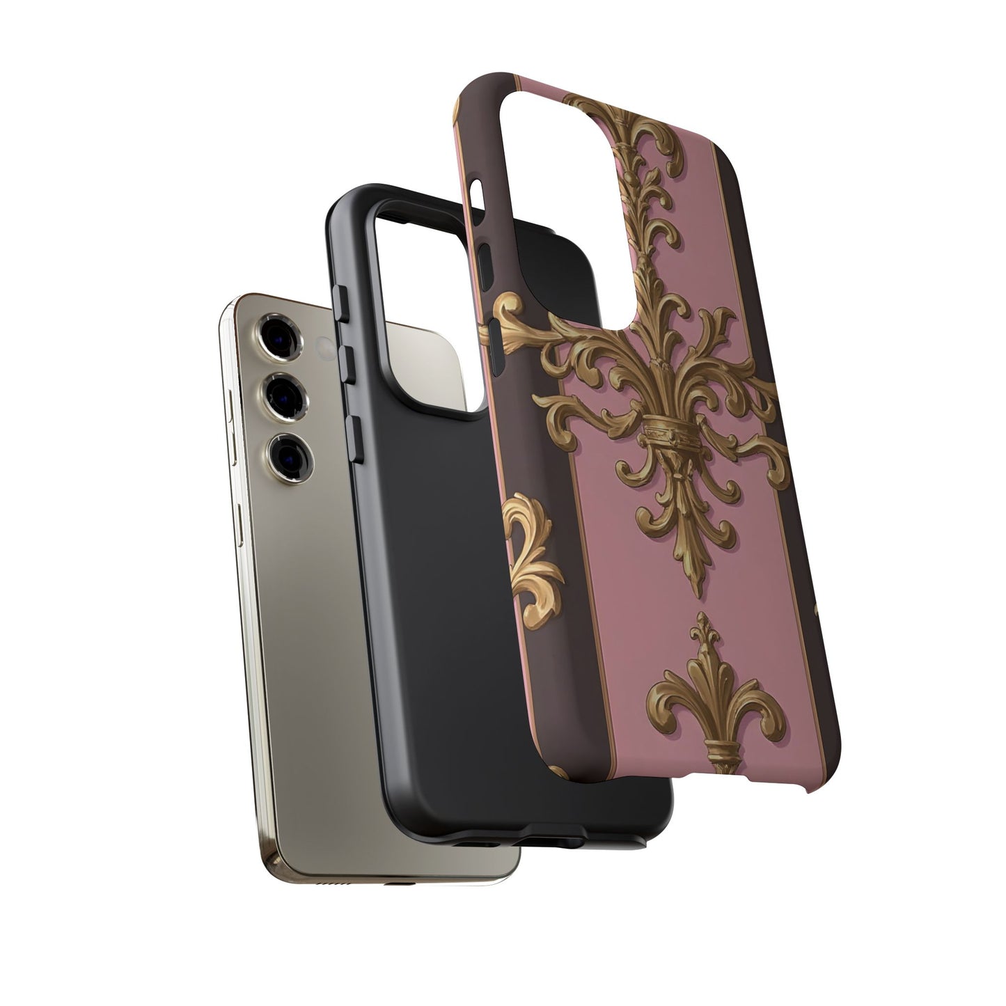 Elegant Floral Motif Phone Case - Tough Cases with Vintage Design - Pink & Brown Striped Gold Damask