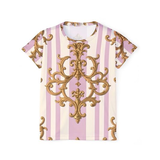 Elegant Women's Sports Jersey, Stylish AOP Tee for Fitness, Casual Wear, Trendy Workout Top - Lilac & Alabaster Striped Gold Baroque