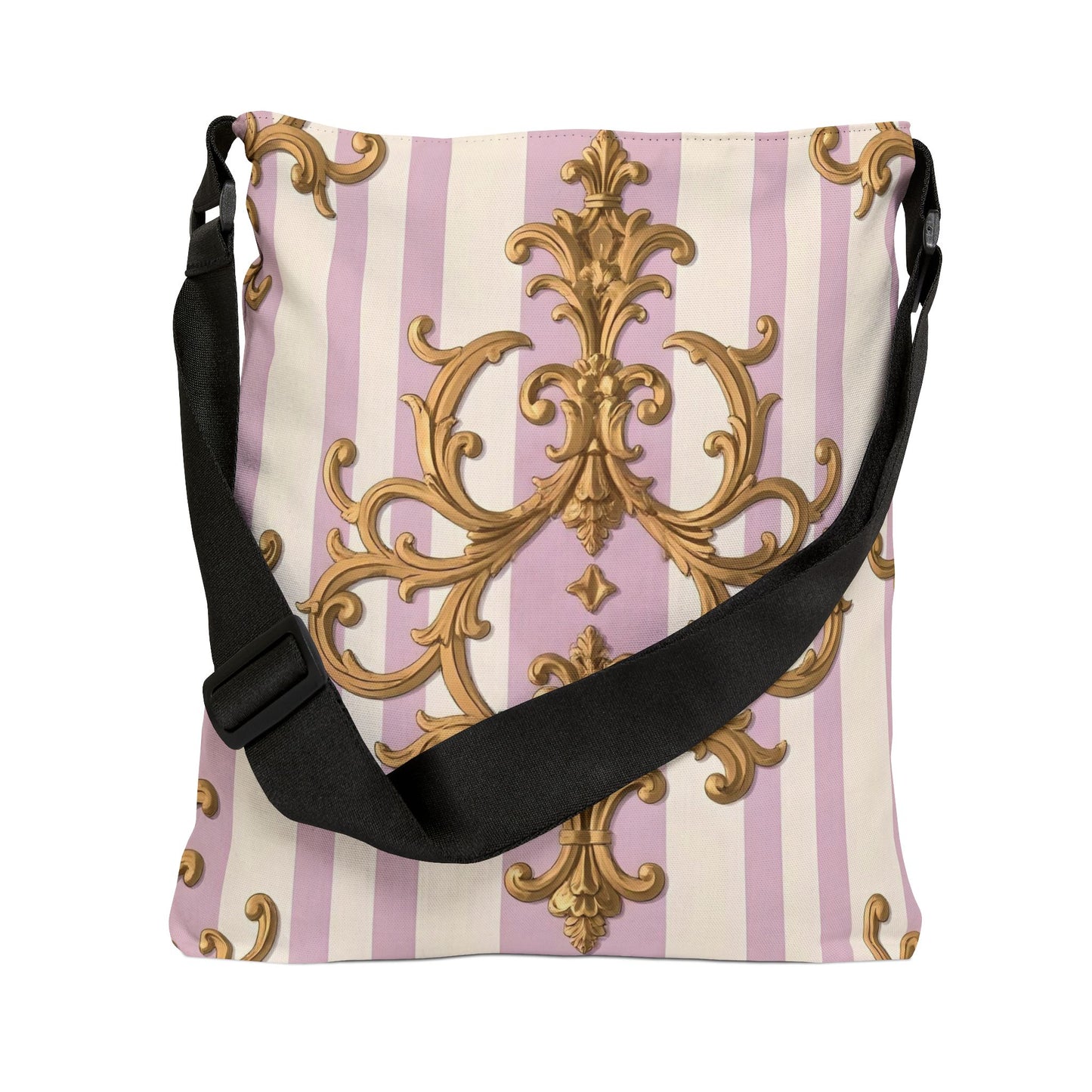 Elegant Floral Adjustable Tote Bag, Perfect for Shopping, Travel, Gym, Gifts, Special Occasions - Lilac & Alabaster Striped Gold Baroque