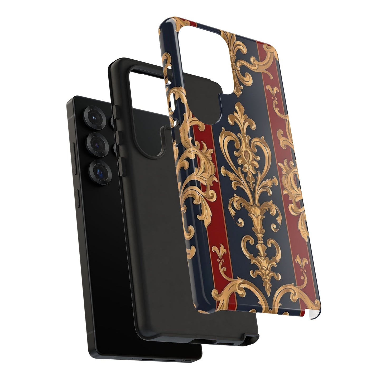 Elegant Floral Motif Phone Case - Tough Cases with Vintage Design - Midnight Blue & Dusk Red Striped Gold Damask
