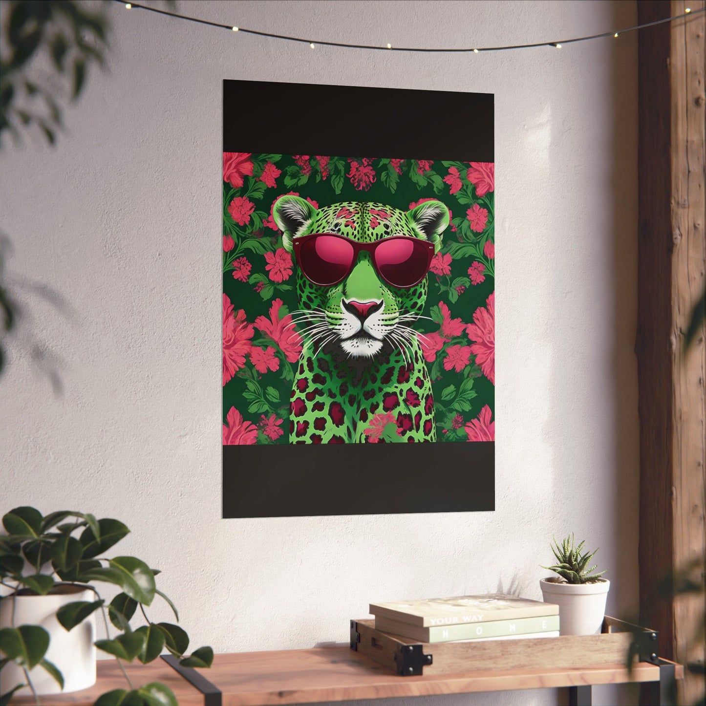 Floral Motif Art Poster - Elegant Matte Vertical Wall Decor - Lime Green & Burgundy Leopard In Sunglasses