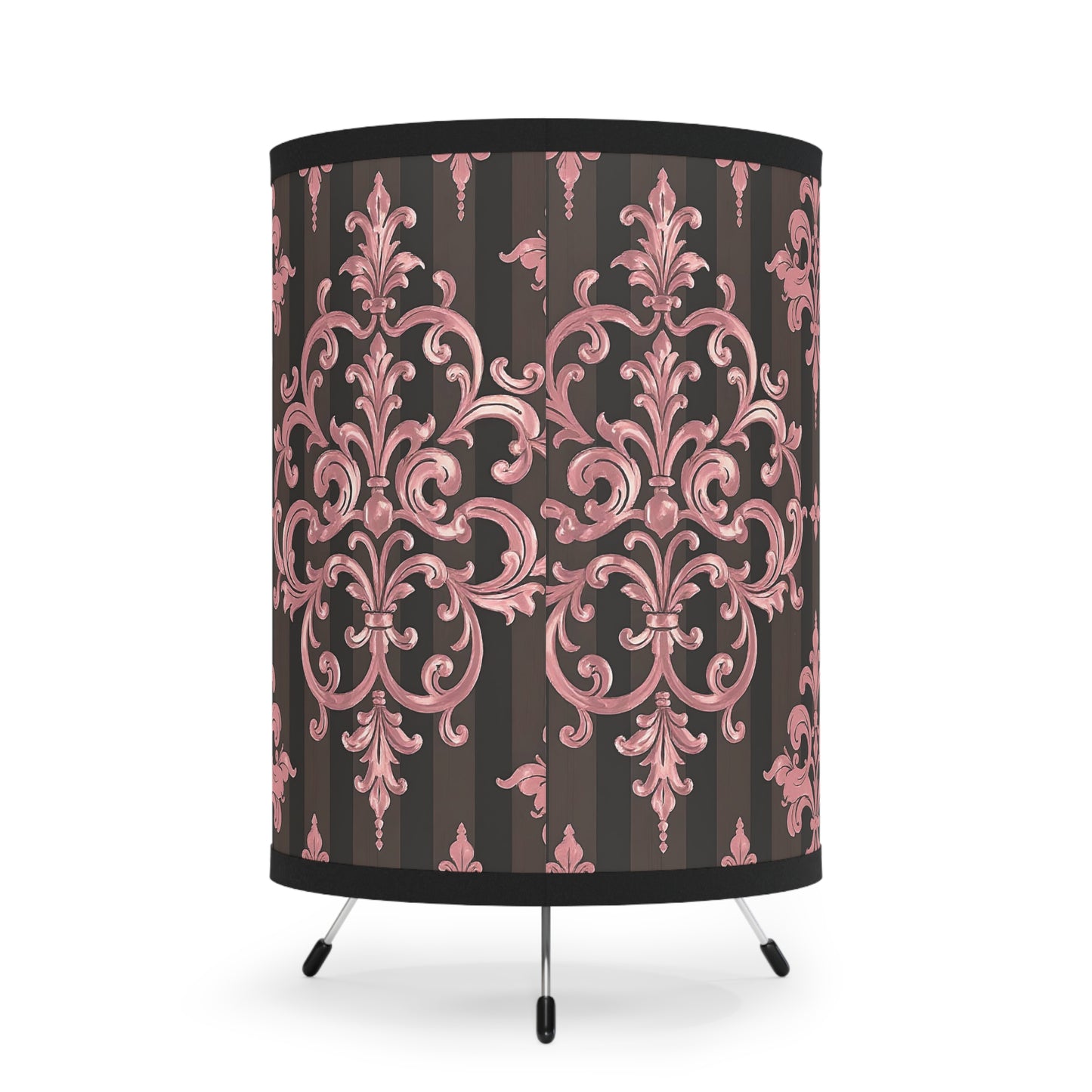 Elegant Tripod Lamp with Vintage Floral Print Shade - High-Res Home Accent - Brown Striped Mauve Damask