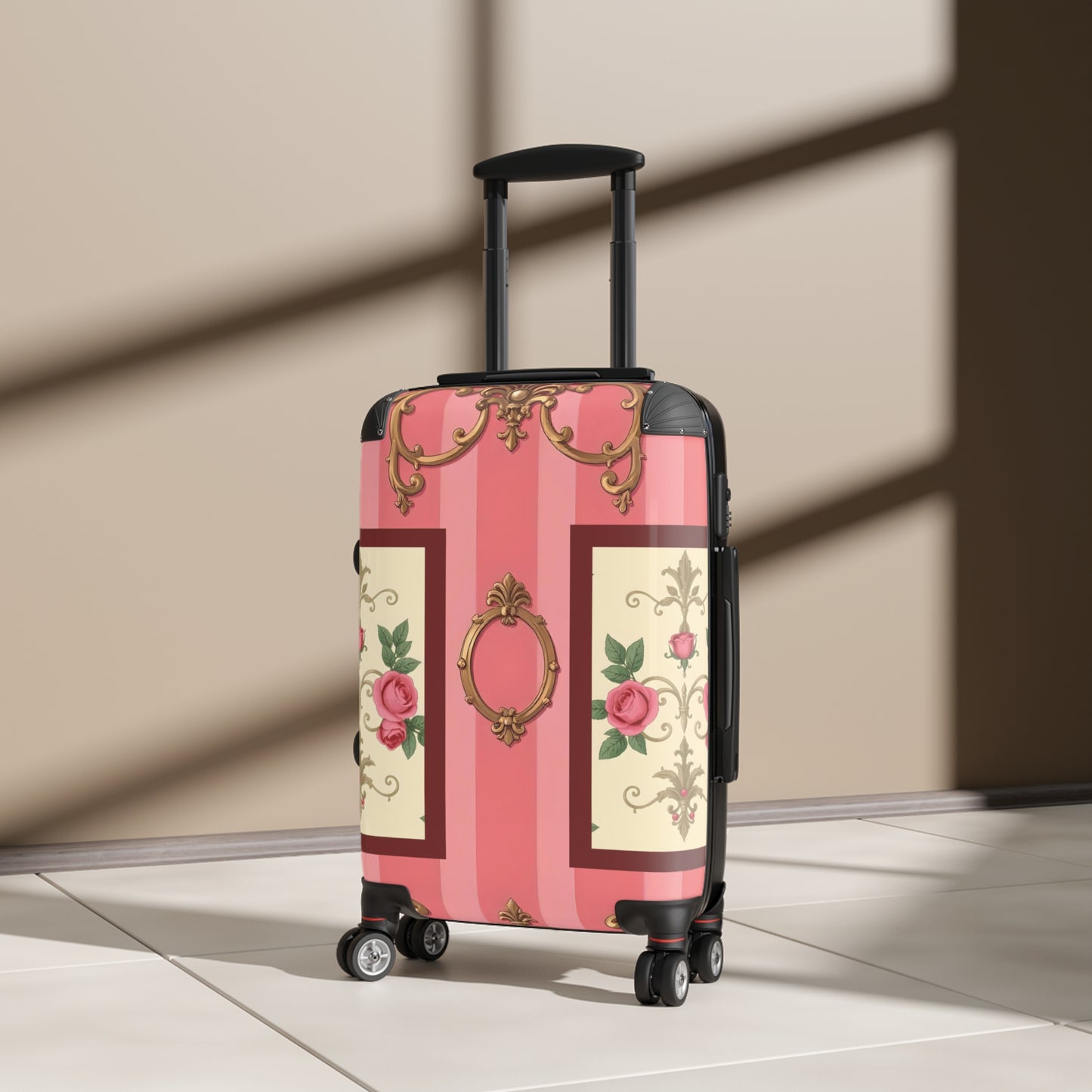 Vintage Floral Design Suitcase | Stylish Travel Luggage for Fashion Lovers - Pink Striped Baroque & Roses