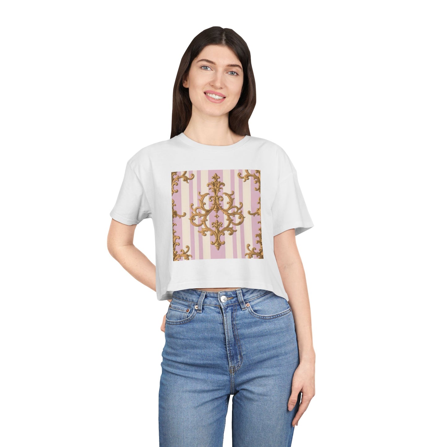 Chic Women's Crop Tee with Elegant Pink and Gold Design, Fashion Tee, Summer Style, Gift for Her - Lilac & Alabaster Striped Gold Baroque