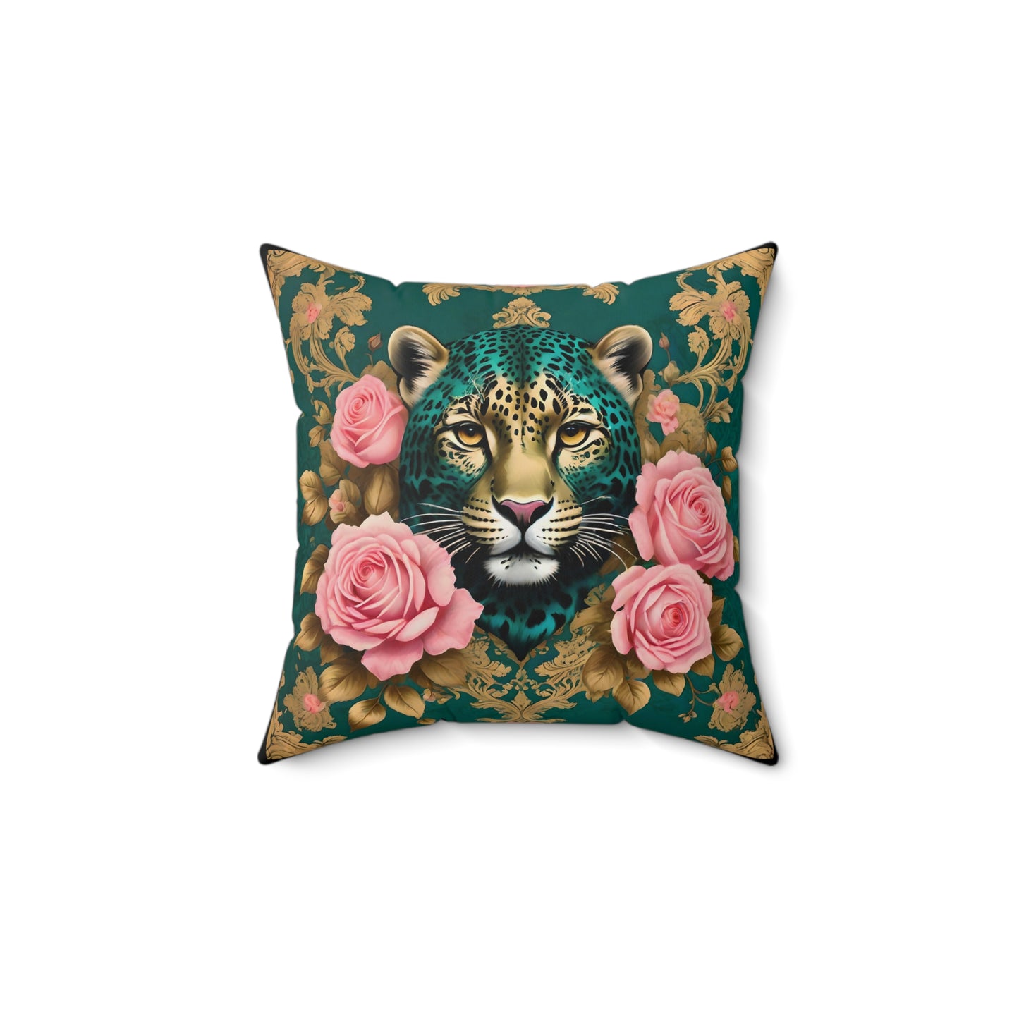 Elegant Luxe Faux Suede Pillow with Leopard and Roses Design - Teal Leopard
