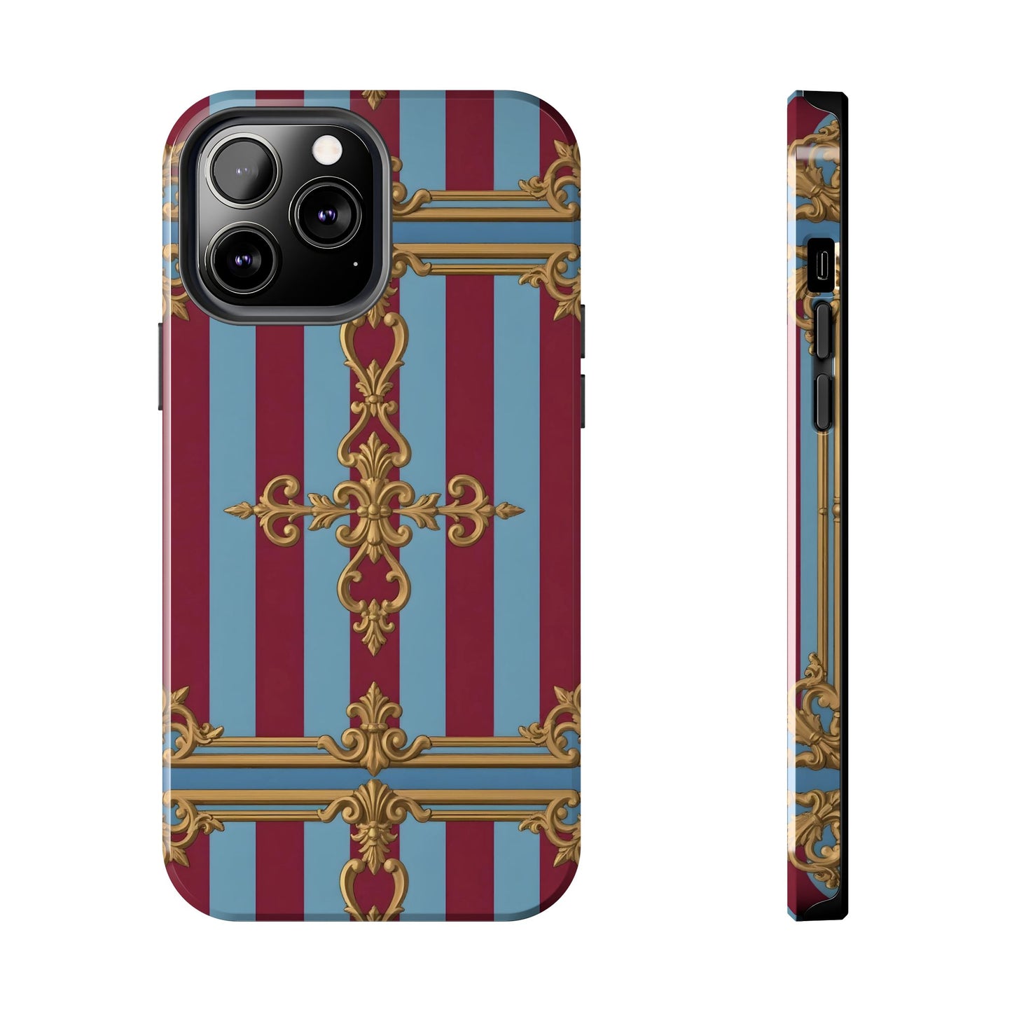 Elegant Patterned Tough Phone Cases, Stylish Phone Cover, Durable Phone Protection, Unique Gift Idea - Sky Blue & Maroon Striped Baroque
