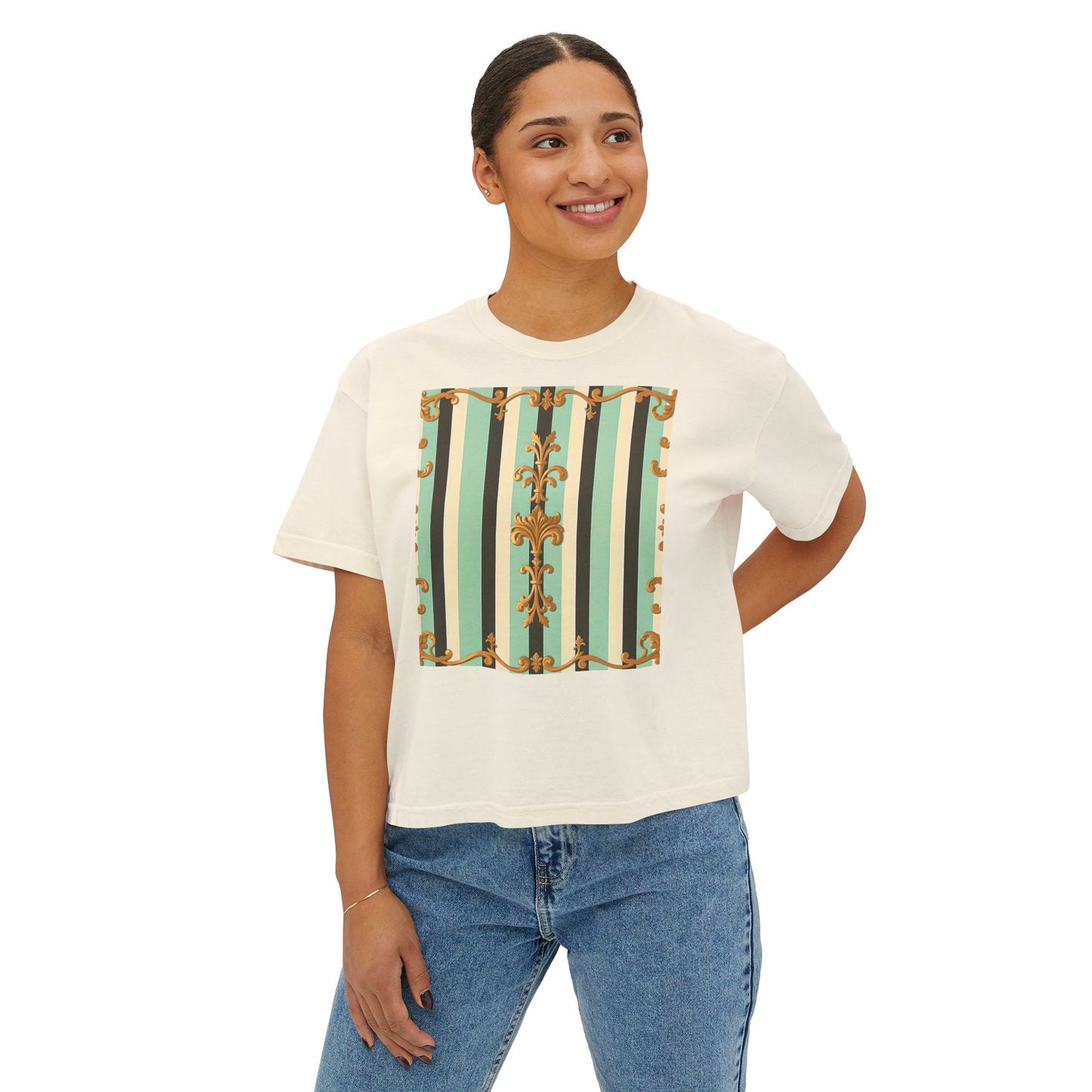 Boho Women's Boxy Tee, Casual Crop Top, Summer Tee, Festival Shirt, Everyday Wear, Vintage Style - Black & Matte Mint Striped Rococo