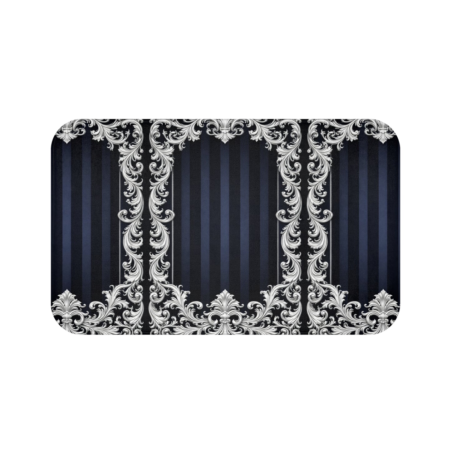 Elegant Navy Stripes & Baroque Bath Mat — Navy & Silver Ornate Bathroom Rug